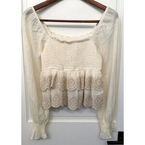American Eagle Long Sleeve Smock Tier Square Neck Top XS Cream Milk Maid Peasant